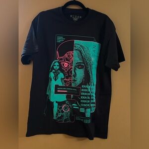 Megan Black Graphic T-Shirt with Teal and Pink Design NWOT